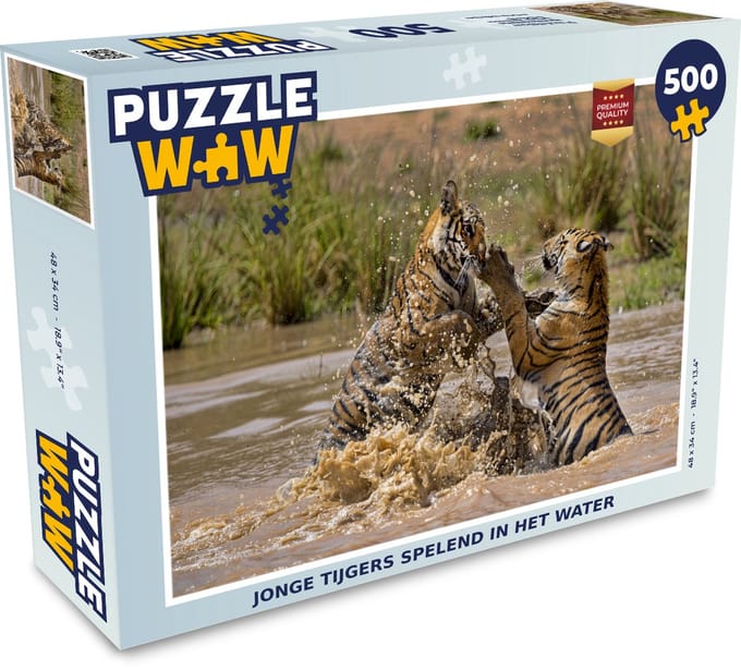 Puzzel Jonge tijgers spelend in het water - Legpuzzel - Puzzel 500 stukjes