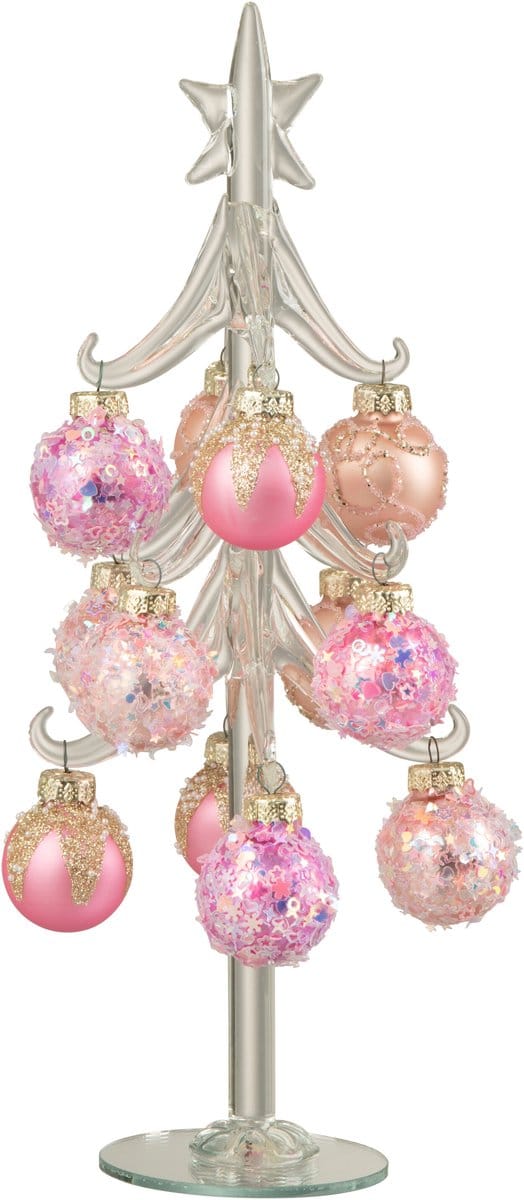J-Line decoratie kerstboom + Ballen - glas - roze/transparant - large