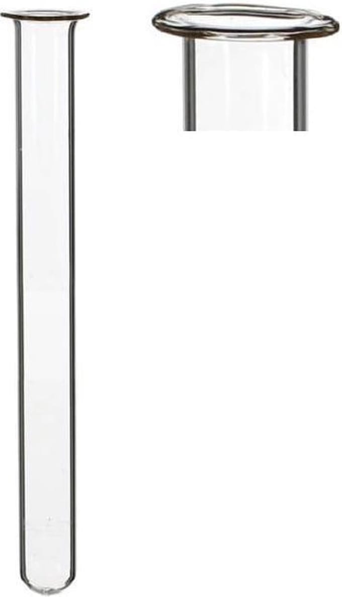 Glazen reageerbuis 2cm diameter 20cm hoog, met ring (set van 12 stuks)