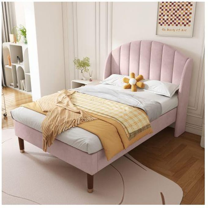Gestoffeerd bed - MUVOE - 90x200 cm - Roze fluweel - Lattenbodem - 1-persoons roze