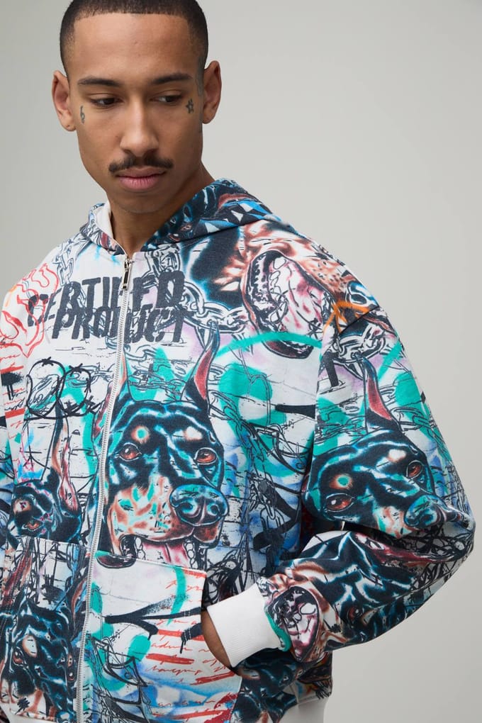 Oversized Boxy All Over Graffiti Print Zip Through Hoodie | Ecru | Size Medium