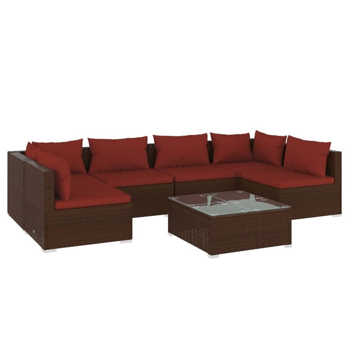 vidaXL - 7-delige - Loungeset - met - kussens - poly - rattan - bruin
