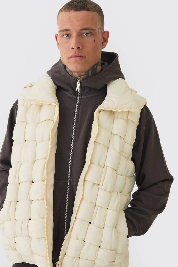 Lang Boxy Fit Handgeweven Gevoerde Gilet in Stone | Size Medium