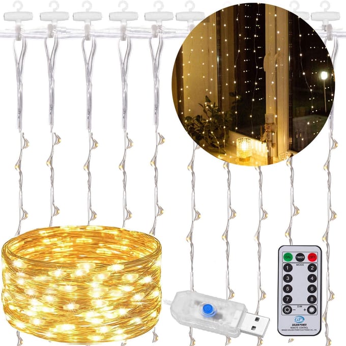Springos Lichtgordijn - USB & Afstandsbediening - 300 LED -  Warm Wit