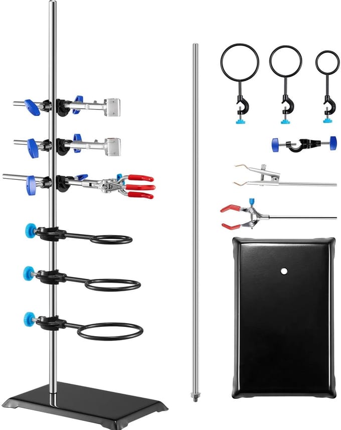DIMICO - Laboratorium Set – RVS Retort Statief met Gietijzeren Basis, Verstelbare Klemmen en 3 Ringen – Lab Statief 60 cm
