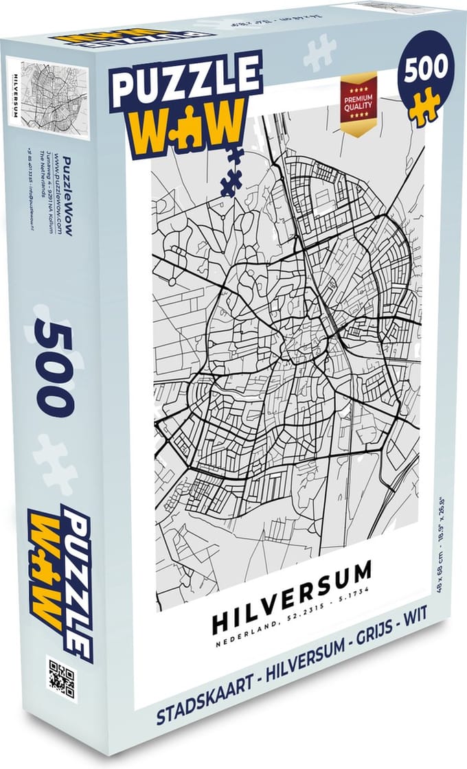 Puzzel Stadskaart - Hilversum - Grijs - Wit - Legpuzzel - Puzzel 500 stukjes - Plattegrond