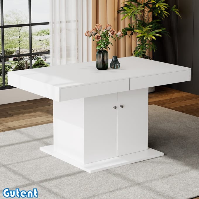 Gutent Uitschuifbare eettafel-L140/180*B80*H76cm-Opbergruimte-Multifunctionele Eettafel-Wit
