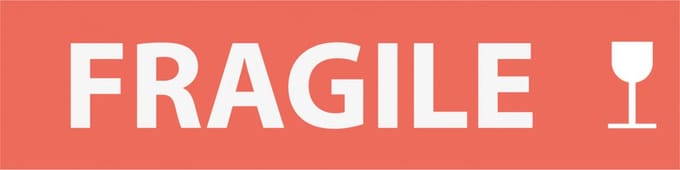 Fragile sticker met glas, oranje wit 200 x 50 mm