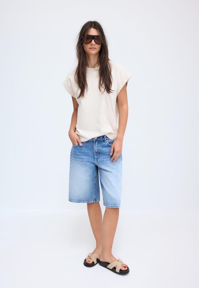 Stradivarius B06 Basic T-shirt met verlaagde schoudernaad  Steen S
