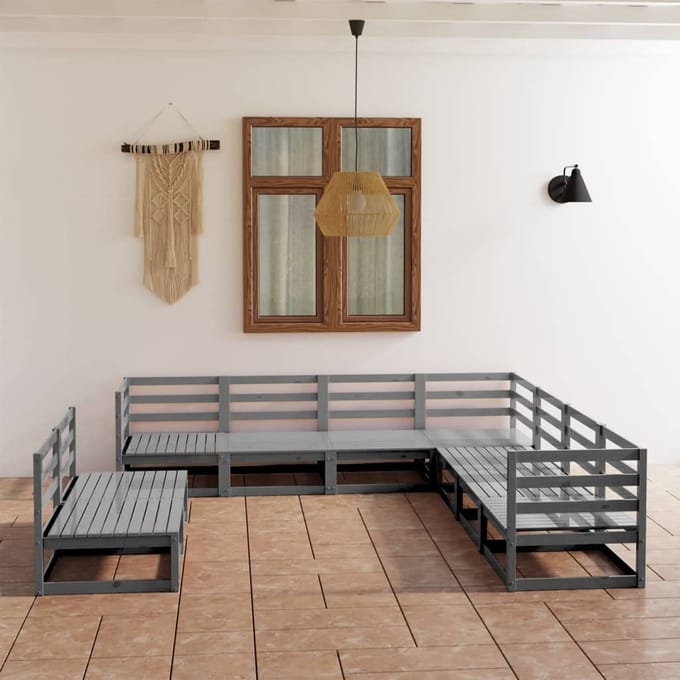 vidaXL - 9-delige - Loungeset - massief - grenenhout - grijs
