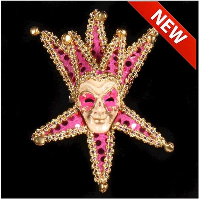 Broche Venetiaans miniatuur masker '''Grinn'' Pink