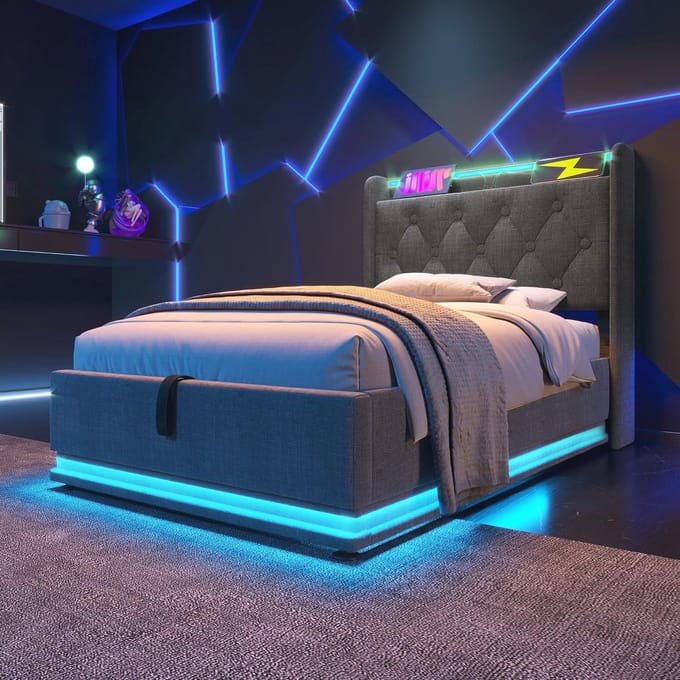 Gestoffeerd tweepersoonsbed met USB en ledverlichting - 90 x 200 cm