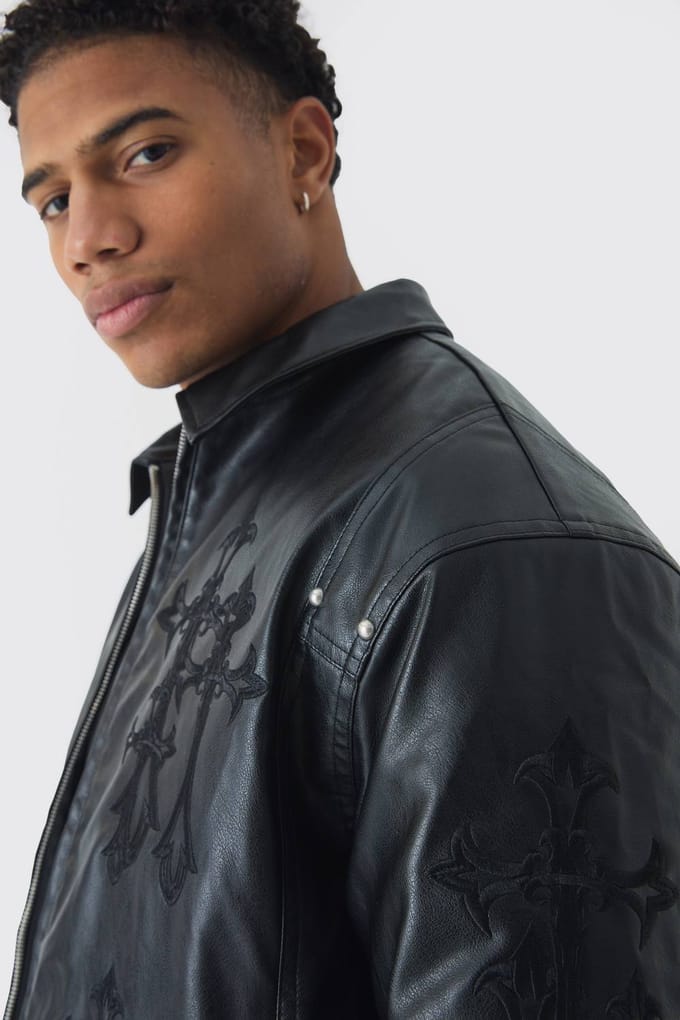 Cross Applique PU Bomberjack in Zwart | Black | Size Medium