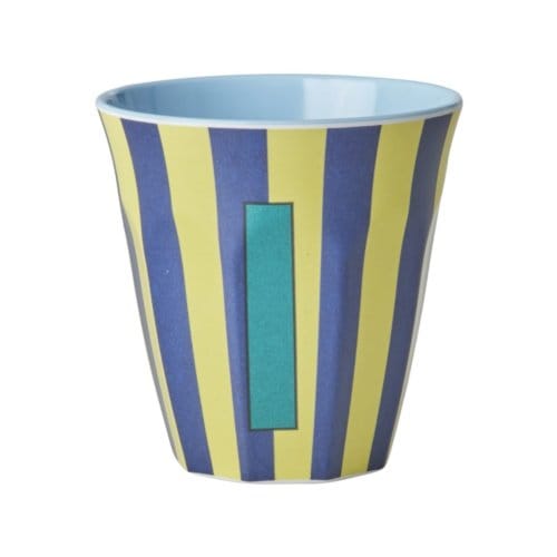 Rice melamine beker medium gestreept letter i, blauw