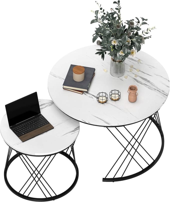 Ronde Salontafel Set van 2 met Marmerlook en Metalen Frame