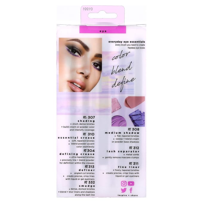Dagelijkse Oog Essentials, Oogschaduw + Eyeliner + Mascara, 8 Kwasten pink