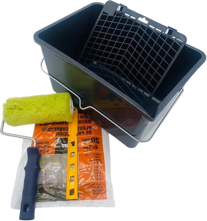 Gevelverfroller 18 cm emmer 12 l met rooster kunststof multifunctionele mixer knutselset - Compleet assortiment
