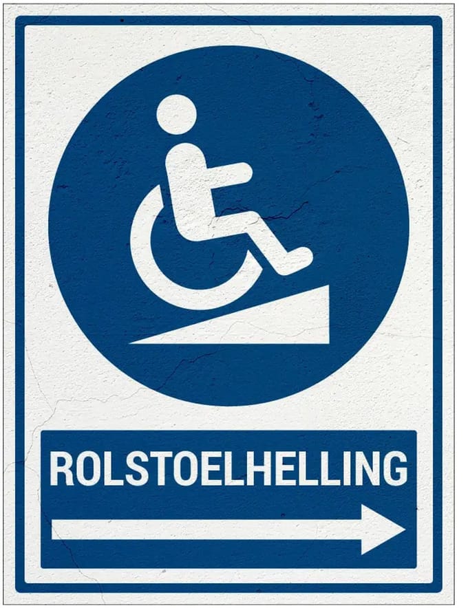 Rolstoelhelling rechts bord met tekst | Sign Again materiaal | 40 x 30 cm