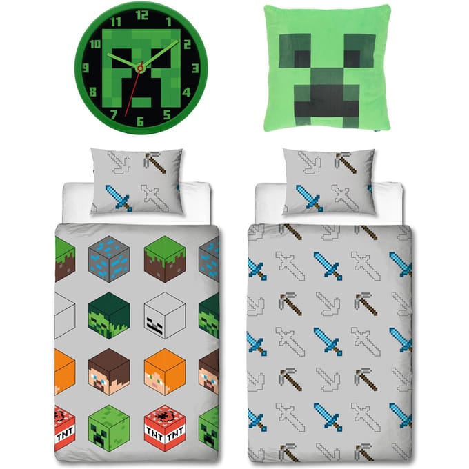 Minecraft slaapkamerset; dekbedovertrek, kussen en klok