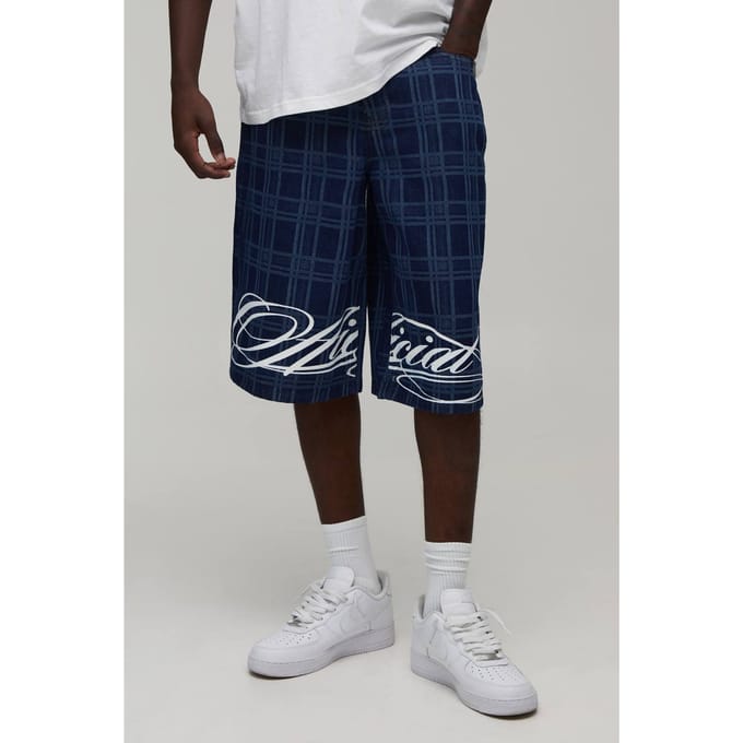 Longline Check Printed Denim Jorts | Indigo | Size 48