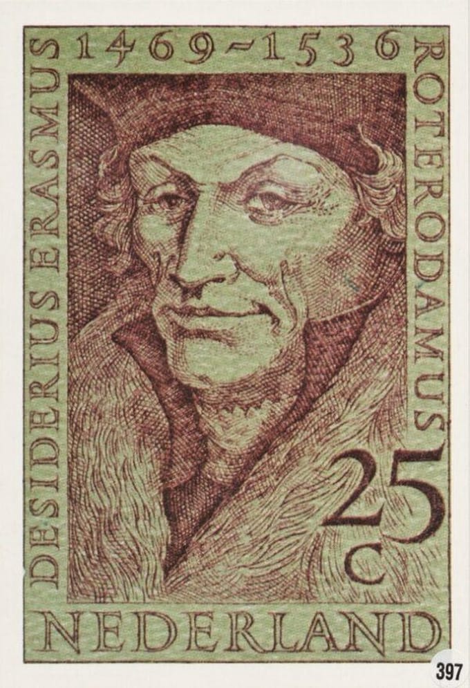 Briefkaart met afbeelding Desiderius Erasmus 1469-1536 postzegel