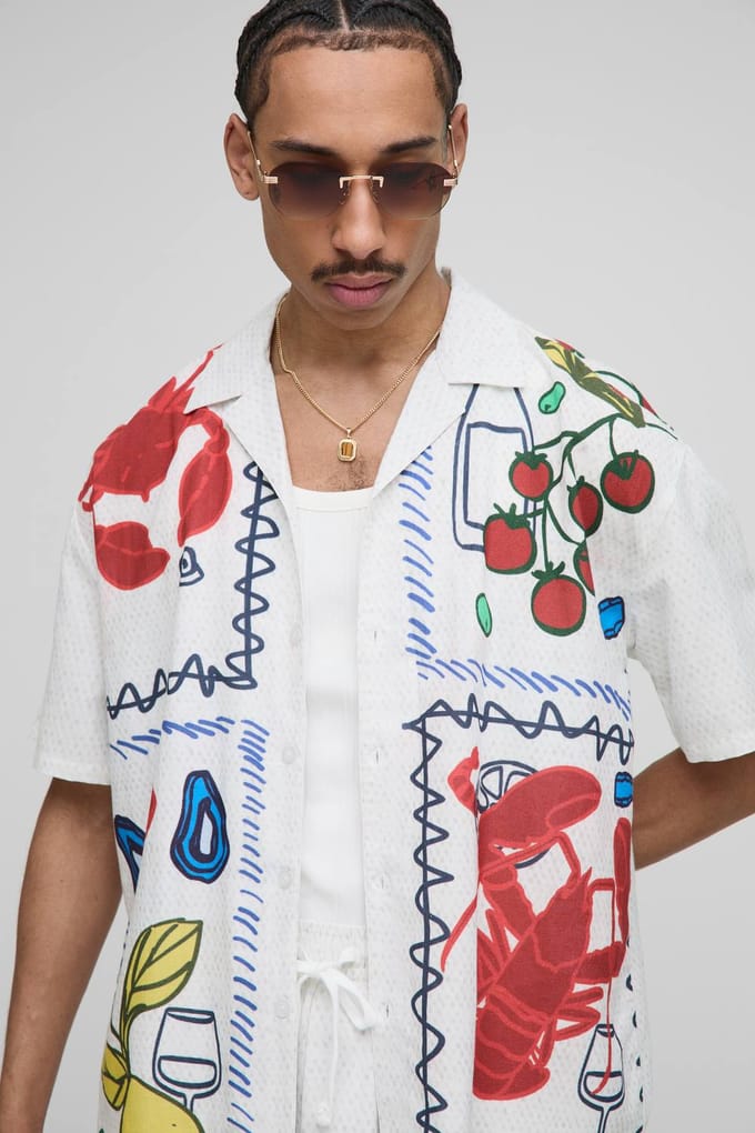 Oversized Linen Blend Conversational Printed Shirt & Short Set | Natural | Size Medium