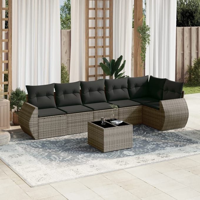 vidaXL - 7-delige - Loungeset - met - kussens - poly - rattan - grijs