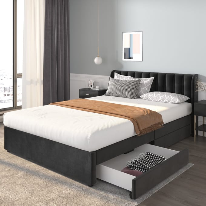 Polsterbed - 140 x 200 cm - Fluweel - Lattenbodem - Rugsteun - 2 Laden - Zwart