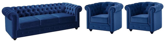 Vente-unique Driezitsbank en 2 fauteuils CHESTERFIELD - velours - koningsblauw