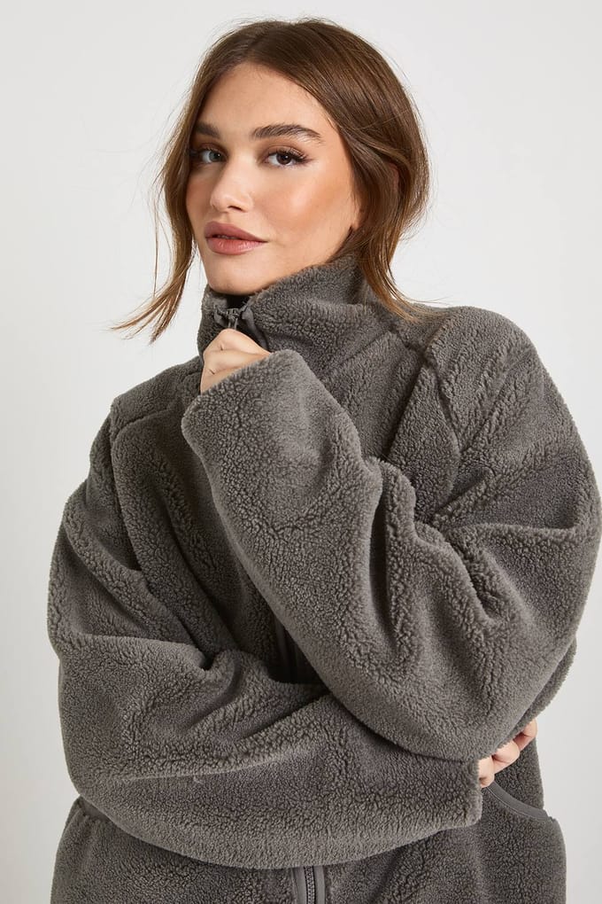 boohoo Dames Oversized Teddy Jas met Rits | Grijs | Maat: 38