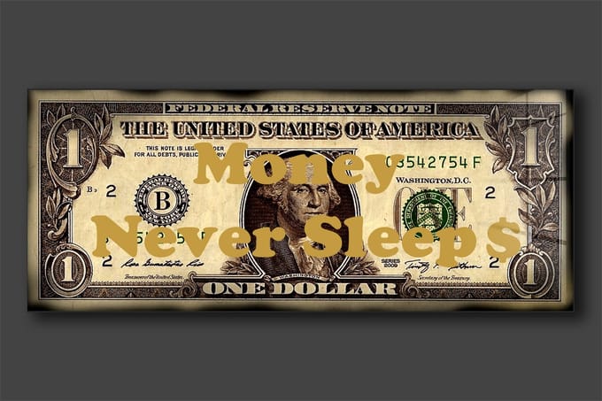 Money never sleeps limited edition schilderij op plexiglas 120x50cm
