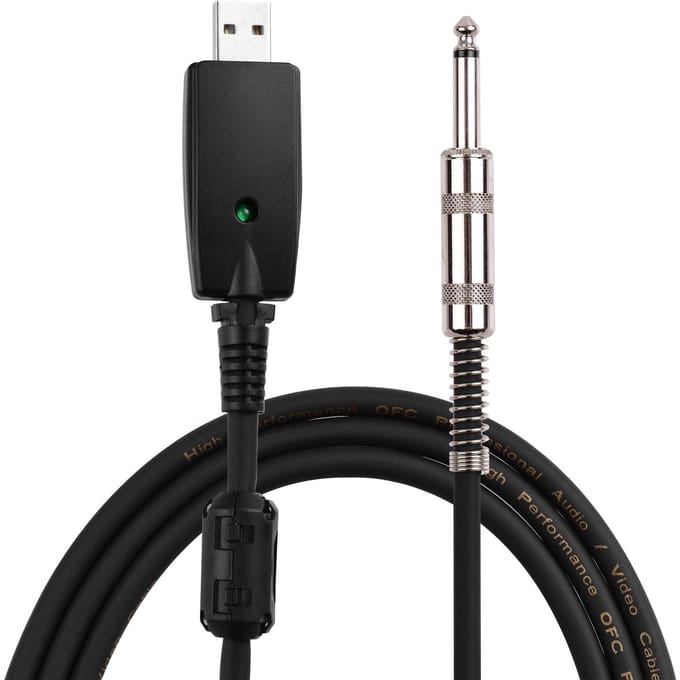 Câble USB Andio pour guitare, Interface mâle USB vers câble de connexion pour guitare électrique Mono de 6.35mm (1/4 pouces) noir