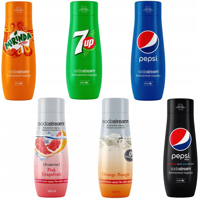 Set van 6 SodaStream Pepsi+Mirinda+7UP+Grapefruit+Orange-Mango+Pepsi MAX concentraten
