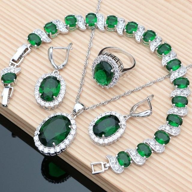 Paarse Edelsteen Amethist Sieraden Kit Oorbellen Ring Accessoires Dames Bruiloft Apen Ketting Kit 7 groen
