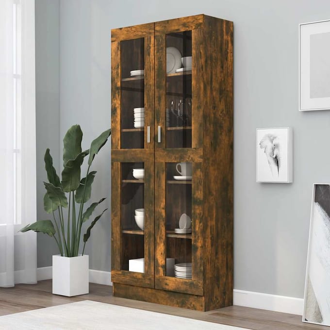 vidaXL - Vitrinekast - 82,5x30,5x185 - cm - bewerkt - hout - gerookt - eikenkleur