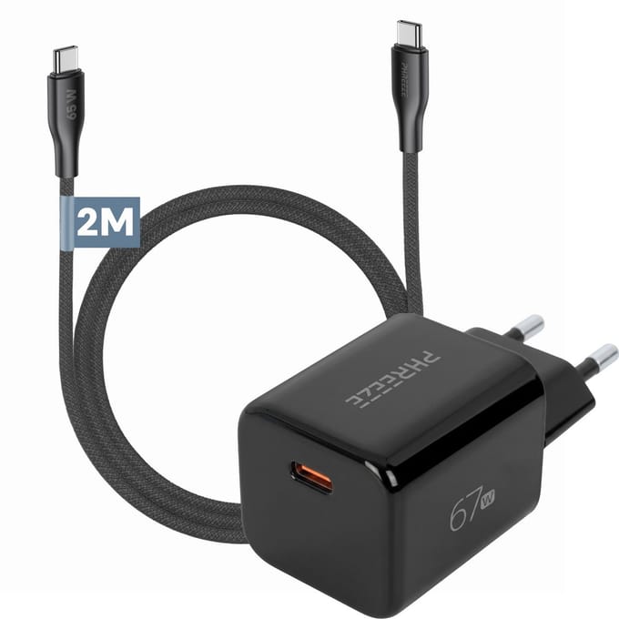 67W Oplader + USB C naar USB C Kabel 2 Meter Lang - Snellader - Super Fast Charge & Quick Charging - GaN - Power Delivery