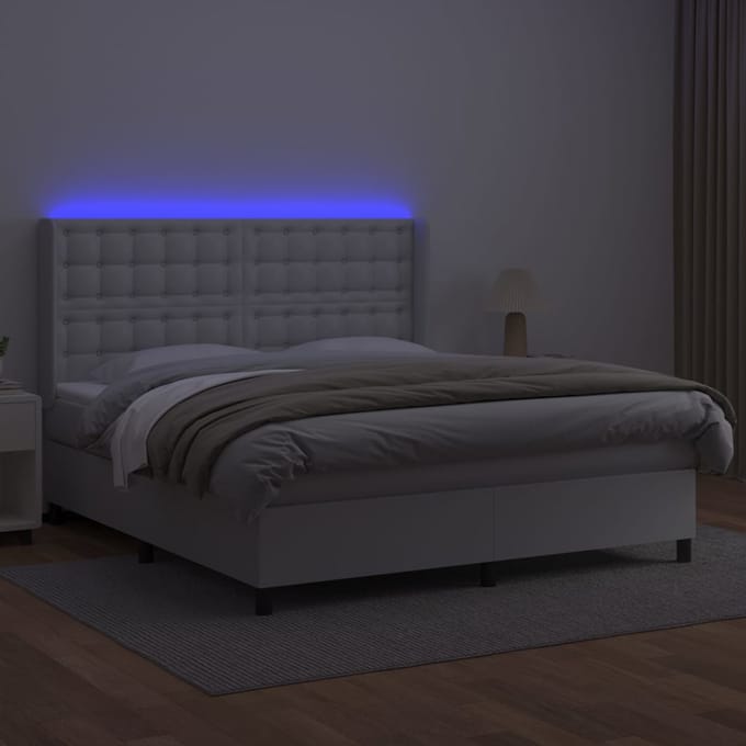 vidaXL - Boxspring - met - matras - en - LED - kunstleer - wit - 160x200 - cm