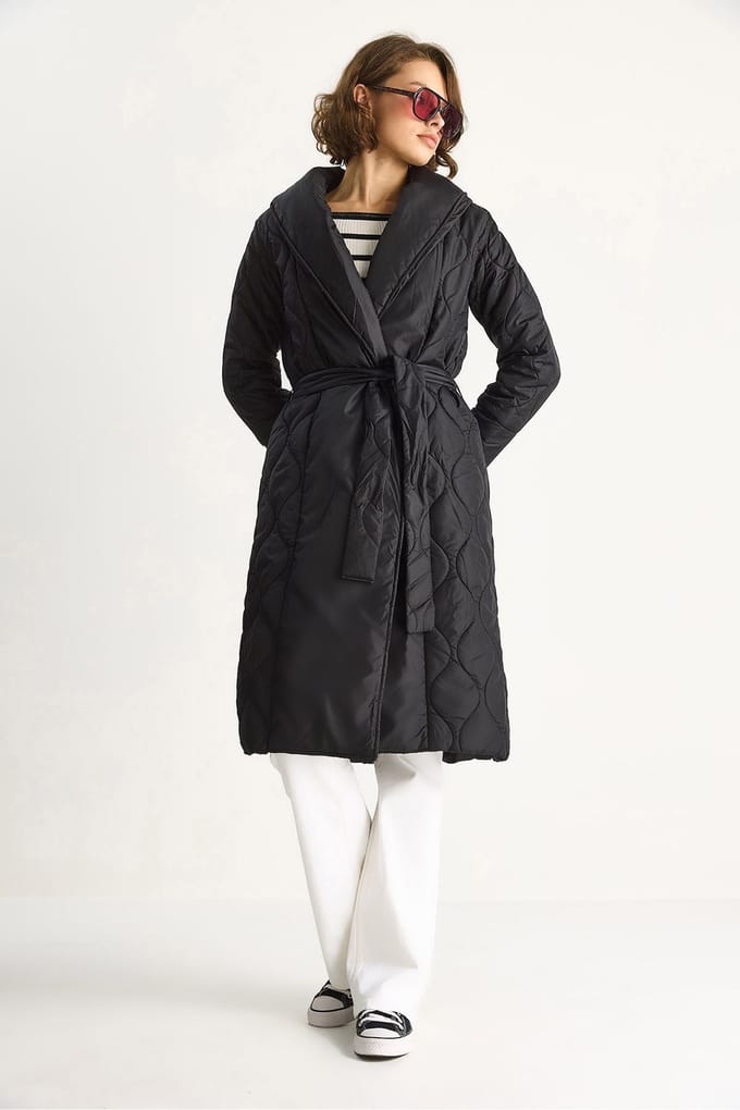 Textured Sjaalkraag Midi Puffer Jack met Striksluiting