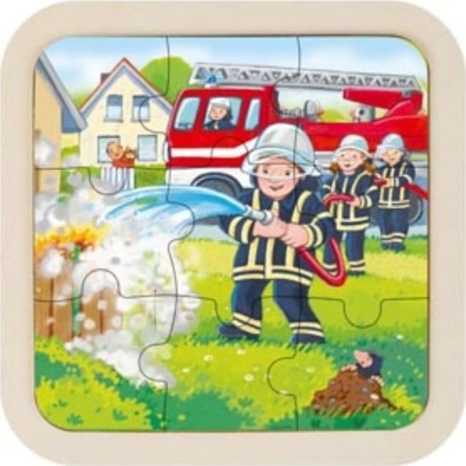 Goki Houten Puzzel - set van 3 - brandweer, tractor, paard - 9 stukjes