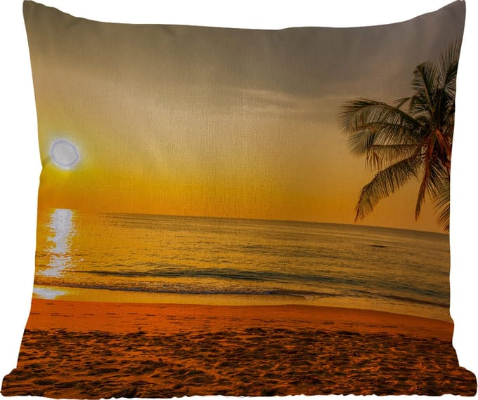 Sierkussen Buiten - Palmboom - Strand - Zonsondergang - Zee - 60x60 cm - Weerbestendig