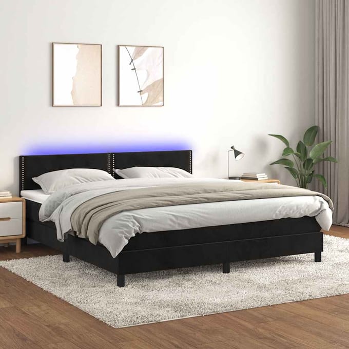 vidaXL - Boxspring - met - matras - en - LED - fluweel - zwart - 180x200 - cm