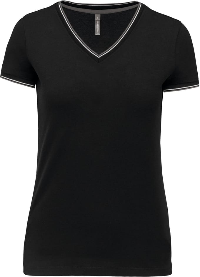 Kariban Dames-t-shirt piqué V-hals K394 - Black / Light Grey / White - L