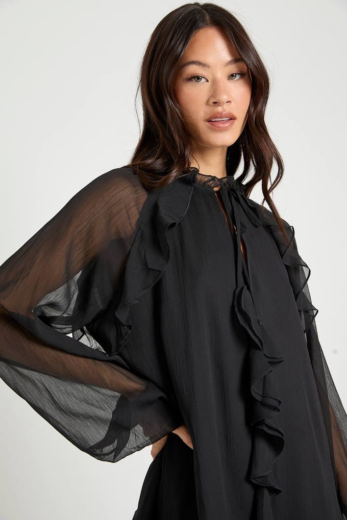 boohoo Dames Lange Chiffon Ruffle Smock Jurk | Black | Maat: 10