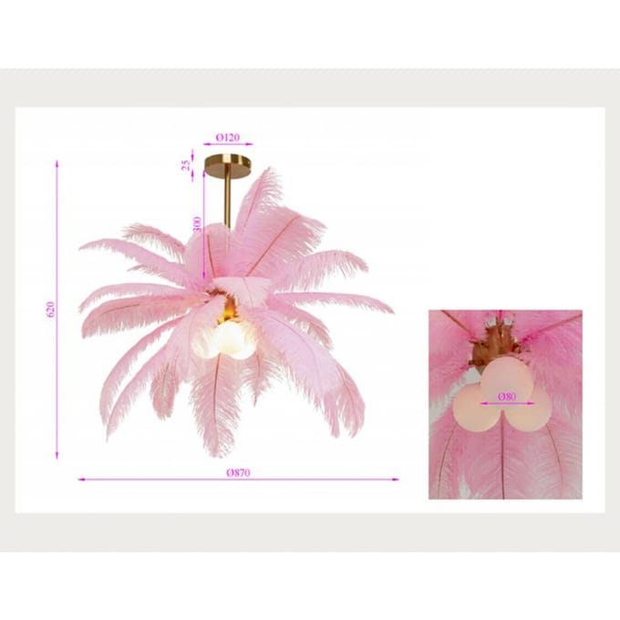 KARE hanglamp Feather Palm, roze, veren, Ø 87 cm, G9