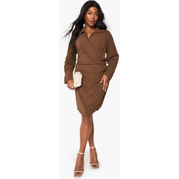boohoo Dames Plus Linen Look Gestreepte Jurk | Mokka | Maat: 48