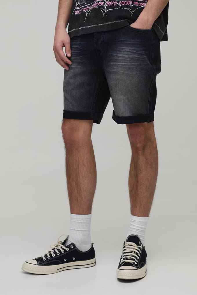 Skinny Stretch Zwaar Gebleekte Gescheurde Denim Shorts | Washed Black | Size 30