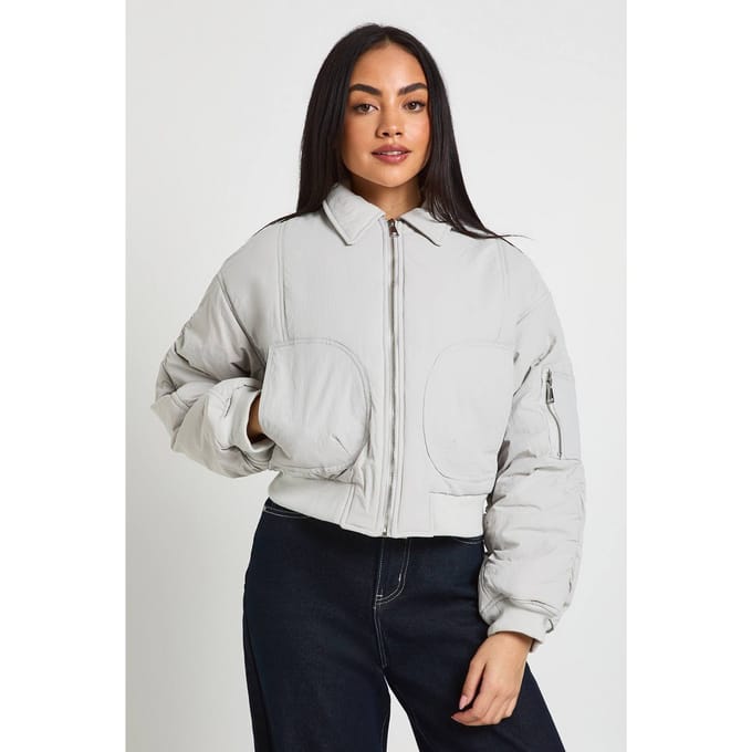 boohoo Dames Bomberjack met geplooide mouwen | Ice Grey | Maat: 10