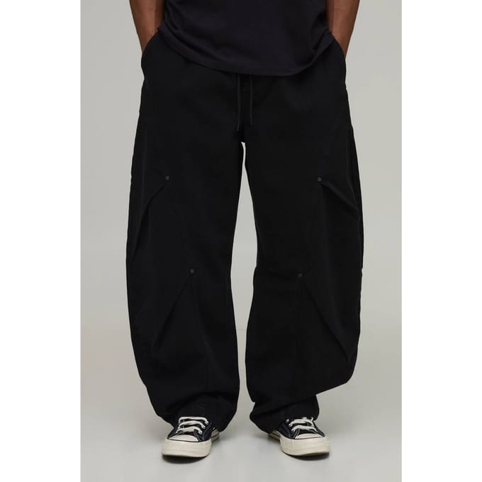 Ballonmodel Broek Met Elastische Taille, Dubbele Beenplooi En Twill Stof | Black | Size Medium