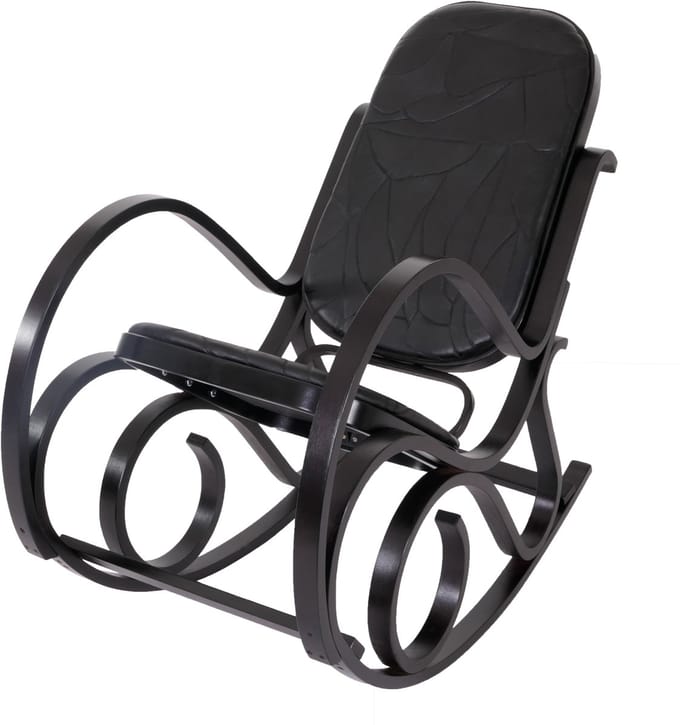 Schommelstoel M41, draaifauteuil TV-fauteuil, massief hout ~ walnoot look, patchwork leer zwart