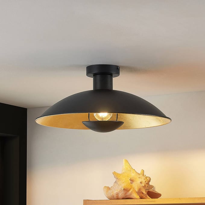 Lindby - plafondlamp - 1licht - IJzer - H: 19 cm - E27 - zwart, goud